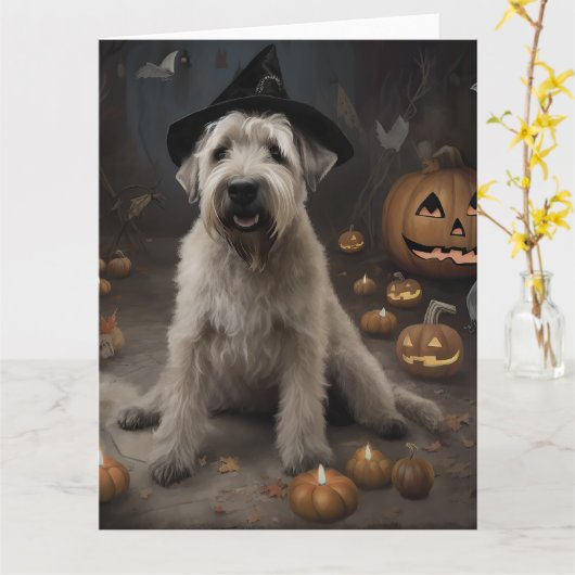Wheaten Terrier Pompoenen Halloween Eng Kaart (Gele Bloem)
