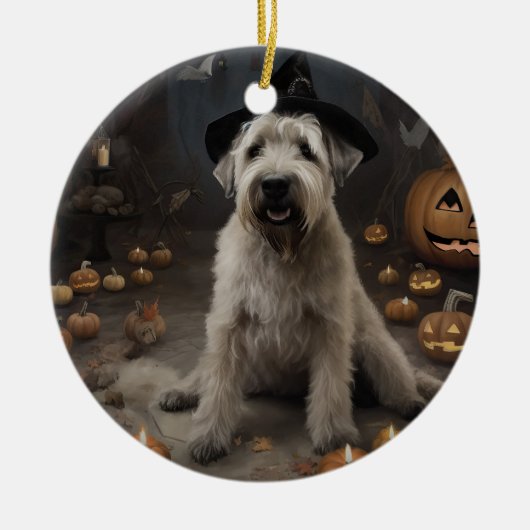 Wheaten Terrier Pompoenen Halloween Eng Keramisch Ornament (Voorkant)