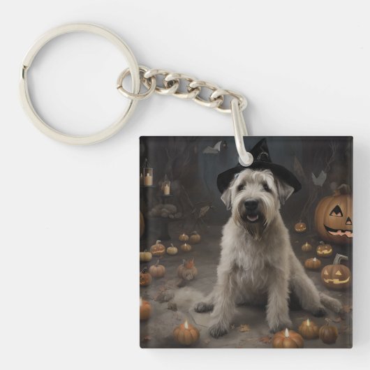 Wheaten Terrier Pompoenen Halloween Eng Sleutelhanger (Voorkant)