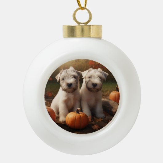 Wheaten Terrier Puppy Herfst Verrukking Pompoen Keramische Bal Ornament (Voorkant)