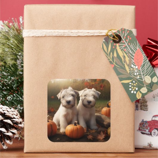 Wheaten Terrier Puppy Herfst Verrukking Pompoen Vierkante Sticker (Feestdagen)