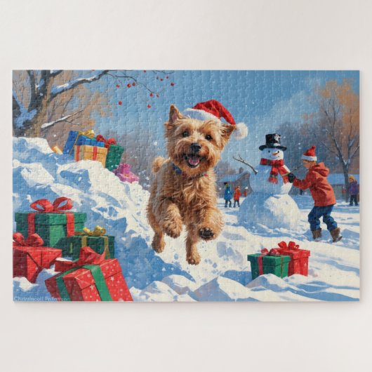 Wheaten Terrier Rent in de Sneeuw met Kerstmuts Legpuzzel (Horizontaal)