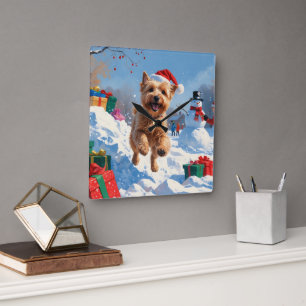 Wheaten Terrier Rent in de Sneeuw met Kerstmuts Vierkante Klok