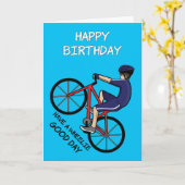 Wheelie Goede Dag Fietser Pun Happy Birthday Kaart (Gele Bloem)