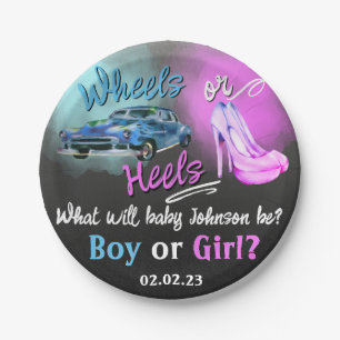 Wheels or Heels gender onthullen papieren bord. Papieren Bordje