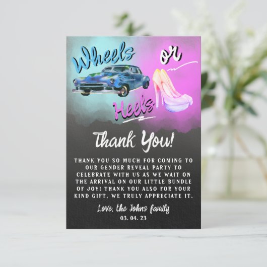 Wheels or Heels Geslacht onthullen Dank u Card. Kaart (Staand voorkant)