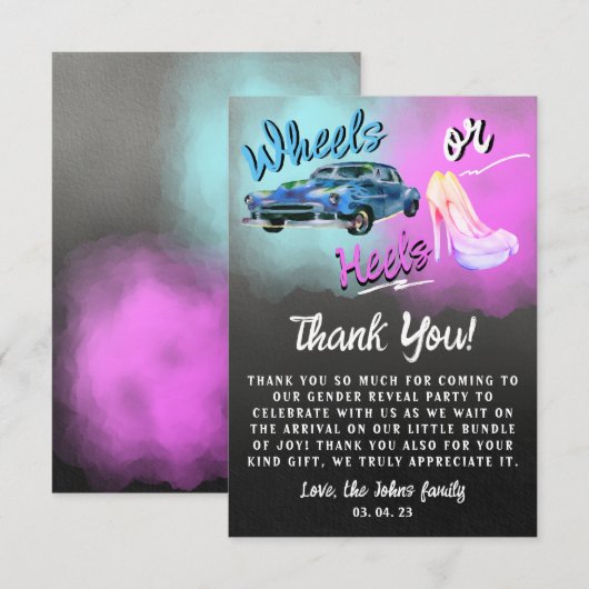 Wheels or Heels Geslacht onthullen Dank u Card. Kaart (Voorkant / Achterkant)