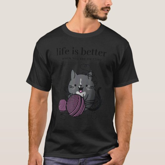 When You Are Knitting  Black Tuxedo Cat yarn T-shirt (Voorkant)