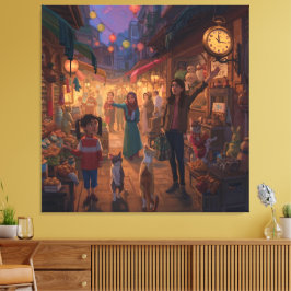 Where Cats Wander and Lanterns Glow Canvas Afdruk