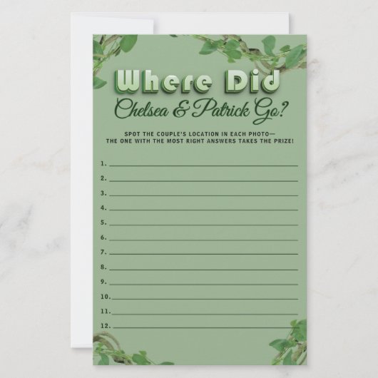 Where Did They Go Greenery Bridal Guessing Game (Voorkant)