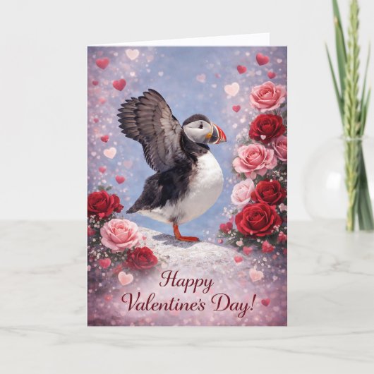 Where Love Takes Wing – Puffin Valentine’s Day Feestdagen Kaart (Voorkant)