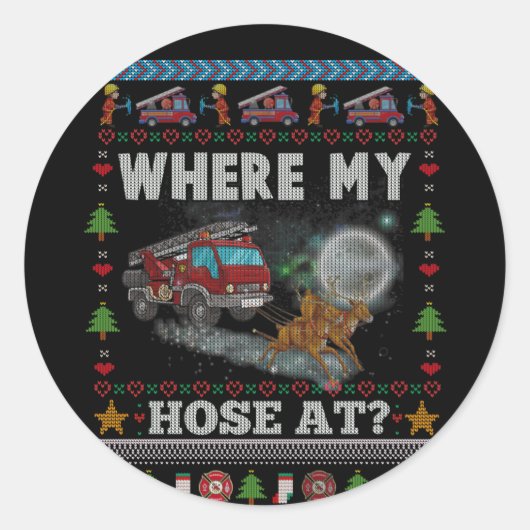 WHERE MY HOSE FIREFIGHTER Ugly Christmas Sweater Ronde Sticker (Voorkant)