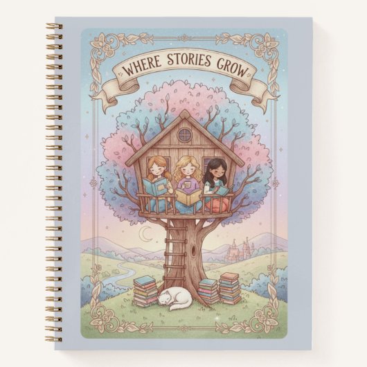 Where Stories Grow Treehouse & Reading Cat Journal Notitieboek (Voorkant)