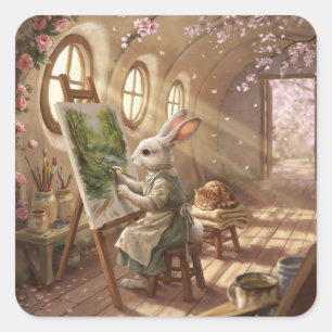 Whim Bunny Kunstenaar Schilderend op Ezel Vierkante Sticker