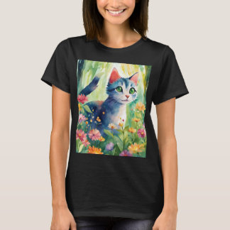 Whim Whim Waterverf Kat in Bloementuin | Schattig T-shirt