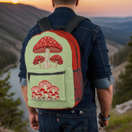 Whimical Red en Tan Mushroom en Sage Green Bedrukte Rugzak