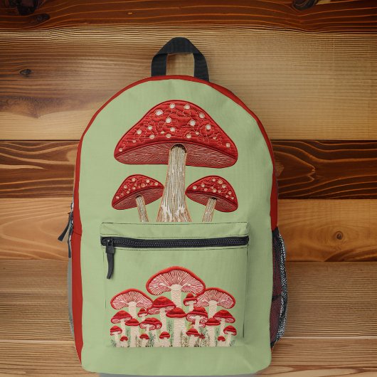 Whimical Red en Tan Mushroom en Sage Green Bedrukte Rugzak
