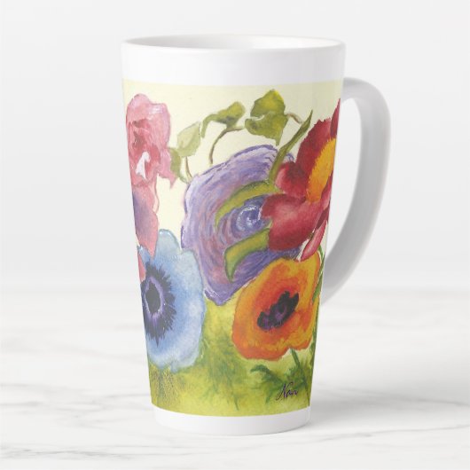 Whimically kleurrijke bloemen op hoog latte mok (Rechterhoek)