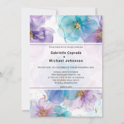 Whimige heldere kleuren Bloemen Watercolor Bruilof Kaart (Voorkant)