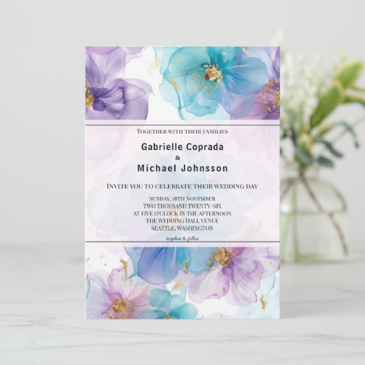 Whimige heldere kleuren Bloemen Watercolor Bruilof Kaart (Staand voorkant)