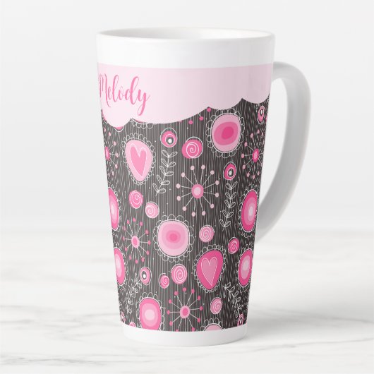 Whimige roze grijze harten en bloemen bloemnaam latte mok (Rechterhoek)
