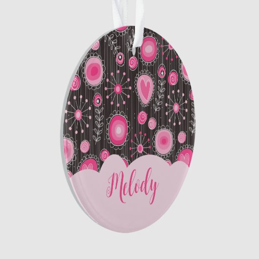 Whimige roze grijze harten en bloemen bloemnaam ornament (voorkant)