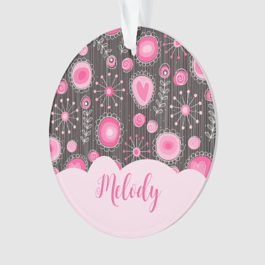 Whimige roze grijze harten en bloemen bloemnaam ornament (voorkant)