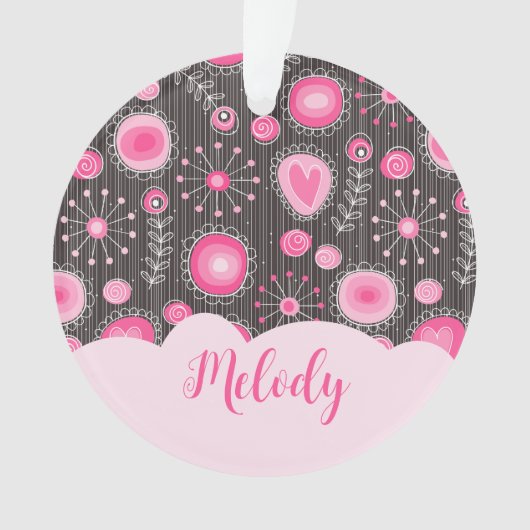 Whimige roze grijze harten en bloemen bloemnaam ornament (voorkant)