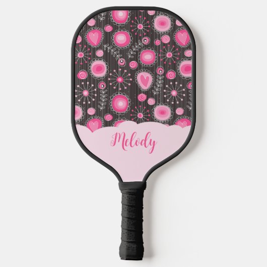 Whimige roze grijze harten en bloemen bloemnaam pickleball paddle (Achterkant)