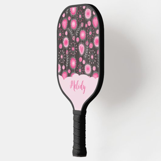 Whimige roze grijze harten en bloemen bloemnaam pickleball paddle (Links)