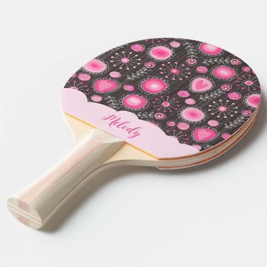Whimige roze grijze harten en bloemen bloemnaam tafeltennisbatje (Voorkant Gekanteld)