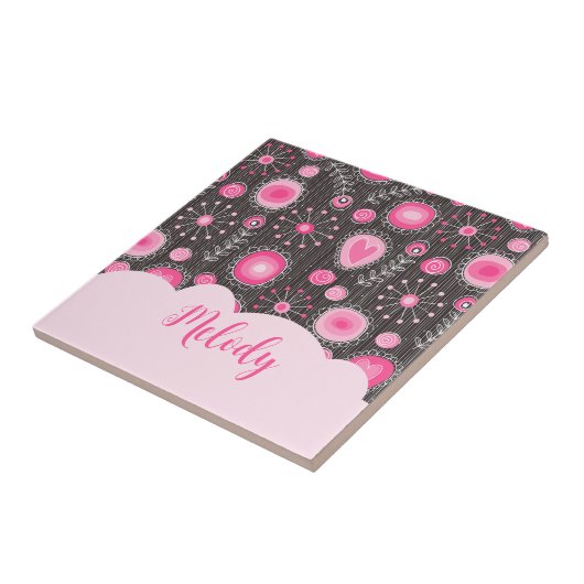 Whimige roze grijze harten en bloemen bloemnaam tegeltje (Zijkant)