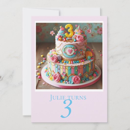 WHIMISCAL 3E VERJAARDAG CAKE PARTY UITNODIGING (Achterkant)