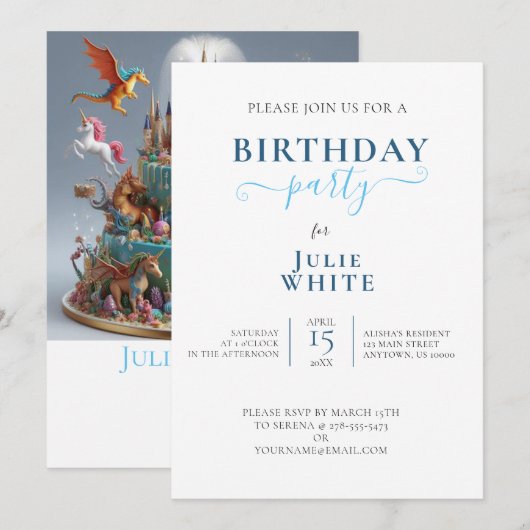 WHIMISCAL CASTLE DRAGONS & UNICORNS VERJAARDAG KAART (Voorkant / Achterkant)
