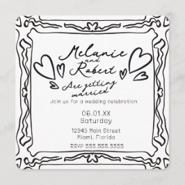 Whimiscal Cute Doodles Black White Frame Wedding Kaart