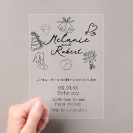 Whimiscal Cute Doodles Black White Wedding Acryl Uitnodigingen