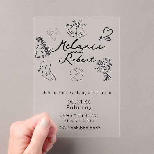 Whimiscal Cute Doodles Black White Wedding Acryl Uitnodigingen (Insitu (Draagbaar))