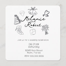 Whimiscal Cute Doodles Black White Wedding Kaart