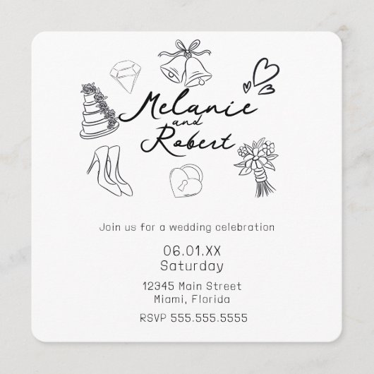 Whimiscal Cute Doodles Black White Wedding Kaart (Voorkant)
