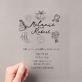 Whimiscal Cute Doodles Zwart Wit Huwelijk Acryl Uitnodigingen
