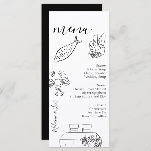 Whimiscal Doodle Black White Heart Wedding Menu  (Voorkant / Achterkant)