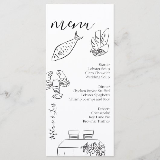 Whimiscal Doodle Black White Heart Wedding Menu (Voorkant)