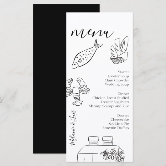 Whimiscal Doodle Zwart Wit Hart Trouw Menu  (Voorkant / Achterkant)