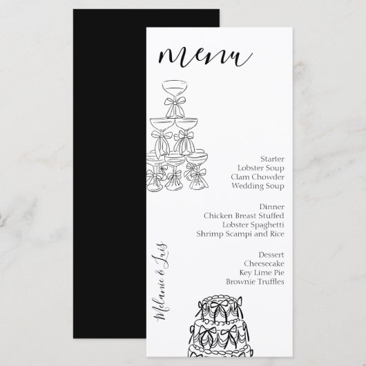 Whimiscal Doodle Zwarte Witte Wijn Trouw Menu (Voorkant / Achterkant)