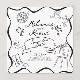 Whimiscal Doodles Black White Frame Save the Date Kaart