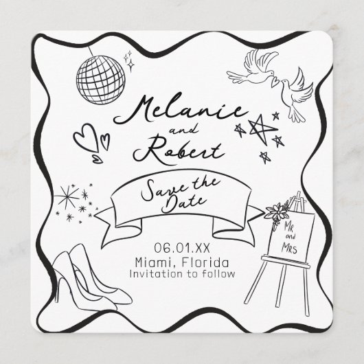 Whimiscal Doodles Black White Frame Save the Date Kaart (Voorkant)