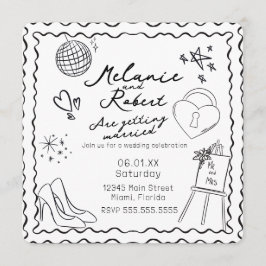 Whimiscal Doodles Black White Frame Wedding Kaart