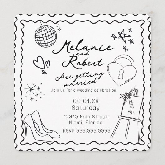 Whimiscal Doodles Black White Frame Wedding Kaart (Voorkant)