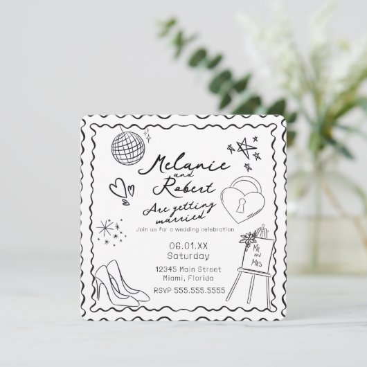 Whimiscal Doodles Black White Frame Wedding Kaart (Staand voorkant)