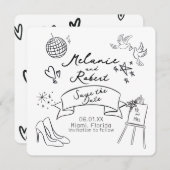 Whimiscal Doodles Black White Save the Date Kaart (Voorkant / Achterkant)